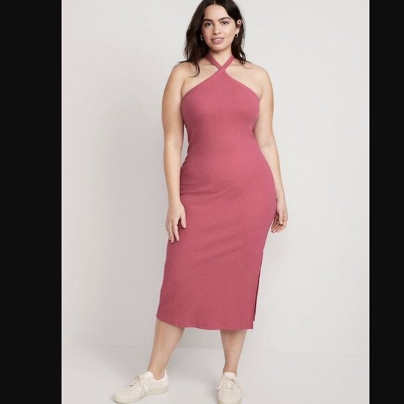 Old Navy Rib Knit Halter Midi Dress Womens 4X Pink Sleeveless Plus Stretch HH06X - Picture 1 of 8